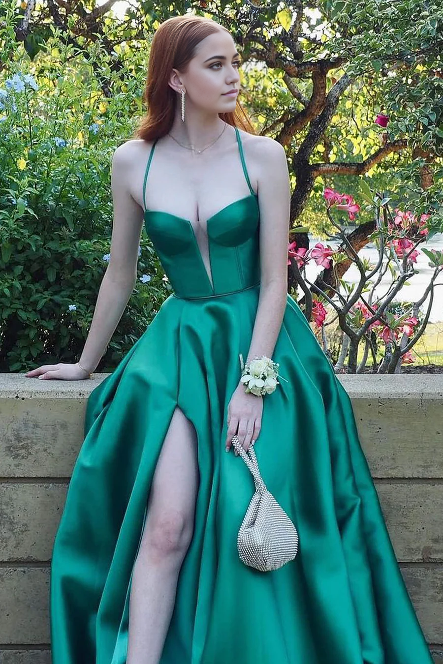 A Line Sweetheart Green Satin Long formal dress evening gown Prom Dresses with Slit
