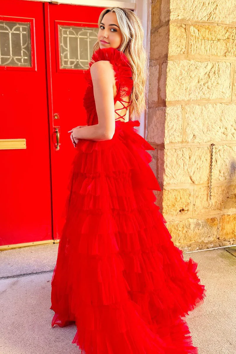 A Line Sweetheart Cute Tulle Tiered Long Prom Dresses with Slit