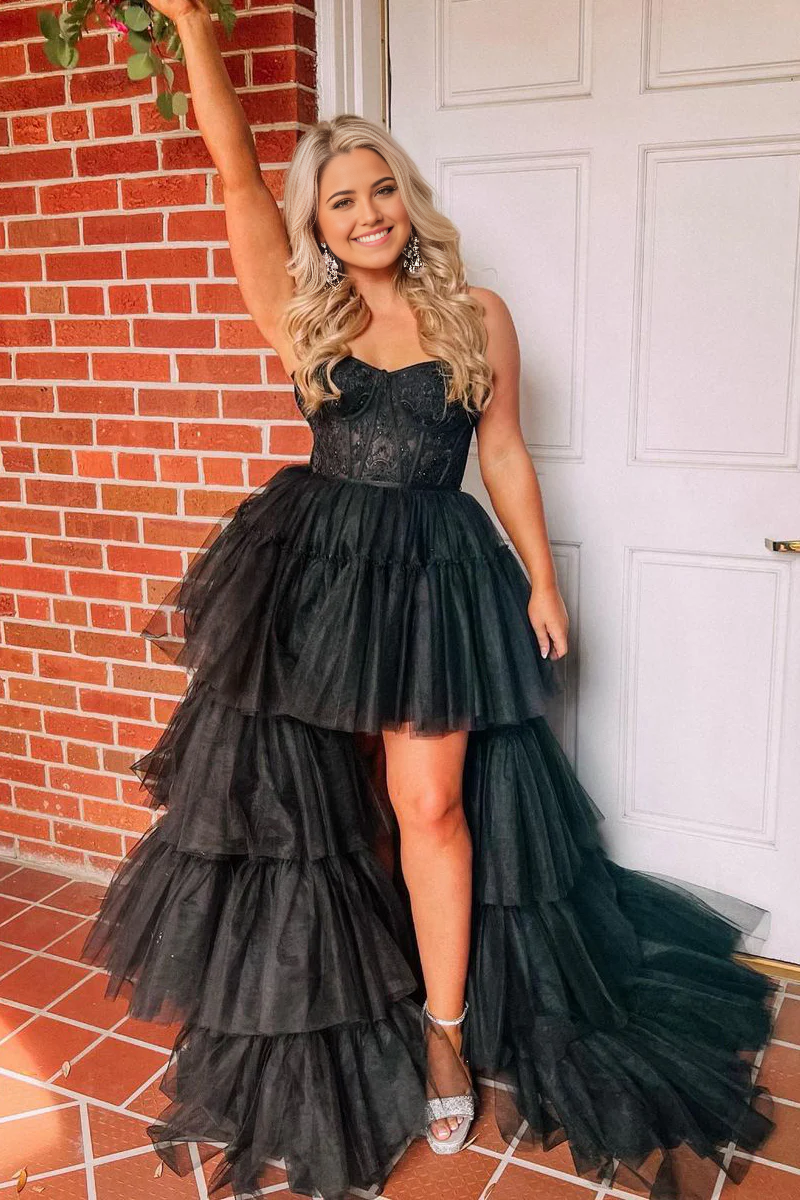A-line Cute Hight-Low Sweetheart Black Tulle Long Prom Dresses with Lace