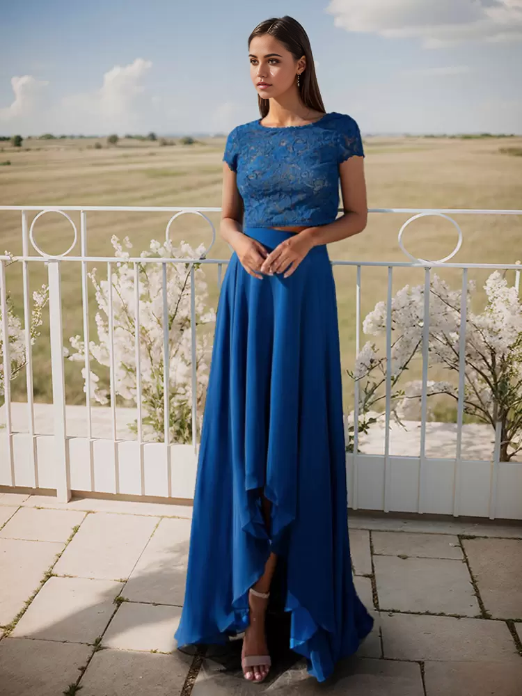 Two-piece Round Neck Short Sleeve Lace Blue formal dress evening gown Prom Dresses