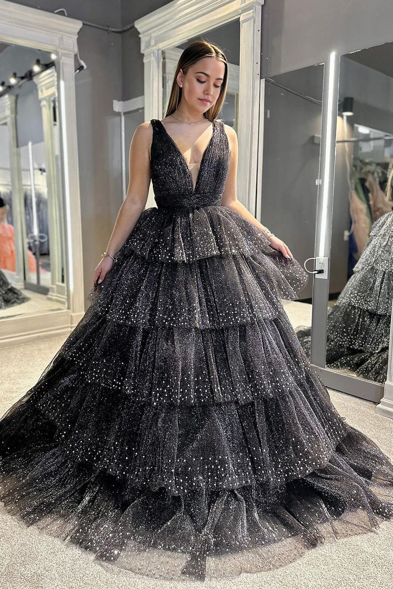 A Line V Neck Ruffle Tiered Black Long Prom Dress with Beading