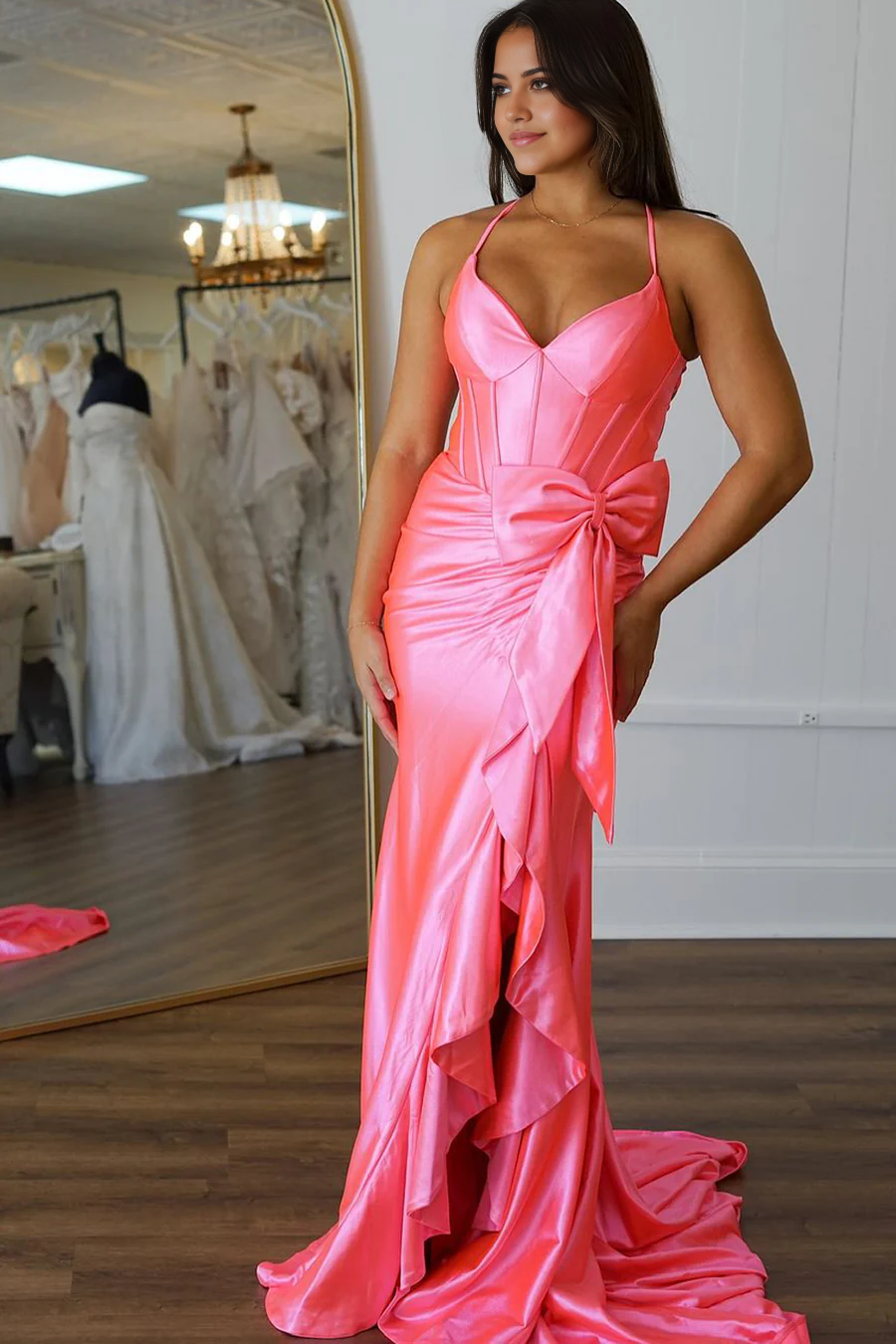 A Line V Neck Cute Pink Satin Long formal dresses evening gown Prom Dresses with Bow