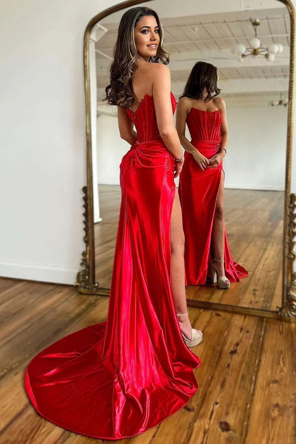 Mermaid Strapless Sweep Train Satin Party Dress Prom Dresses with Split