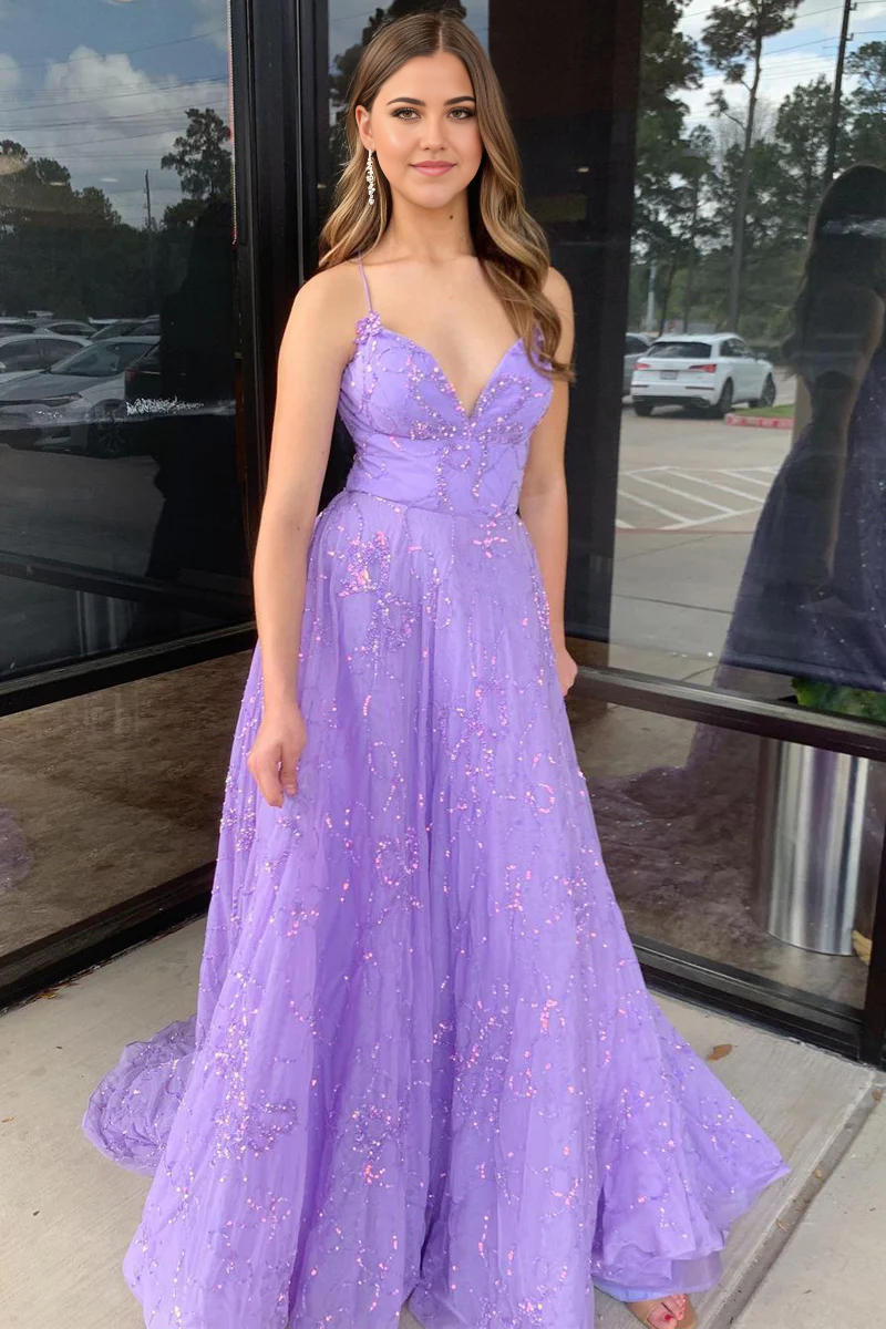 A-Line V Neck Tulle Lilac Long Prom Dress with Sequin