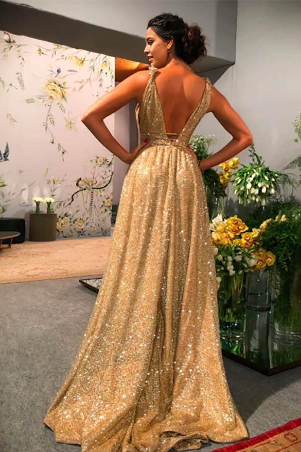 A-line Deep V Backless Sequined Train Long Evening Gown Ball Gown Prom Dresses