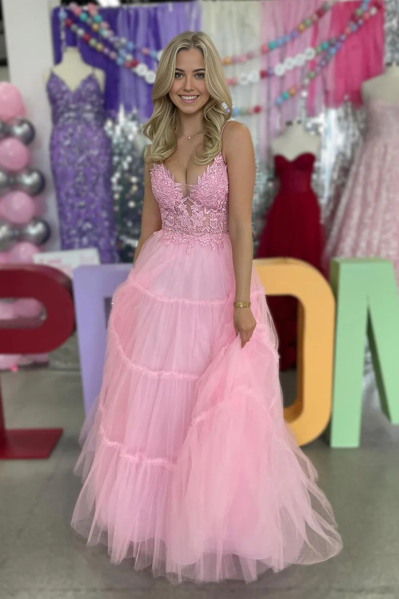 A-Line Spaghetti Straps Tulle Pink Long Prom Dress with Appliques