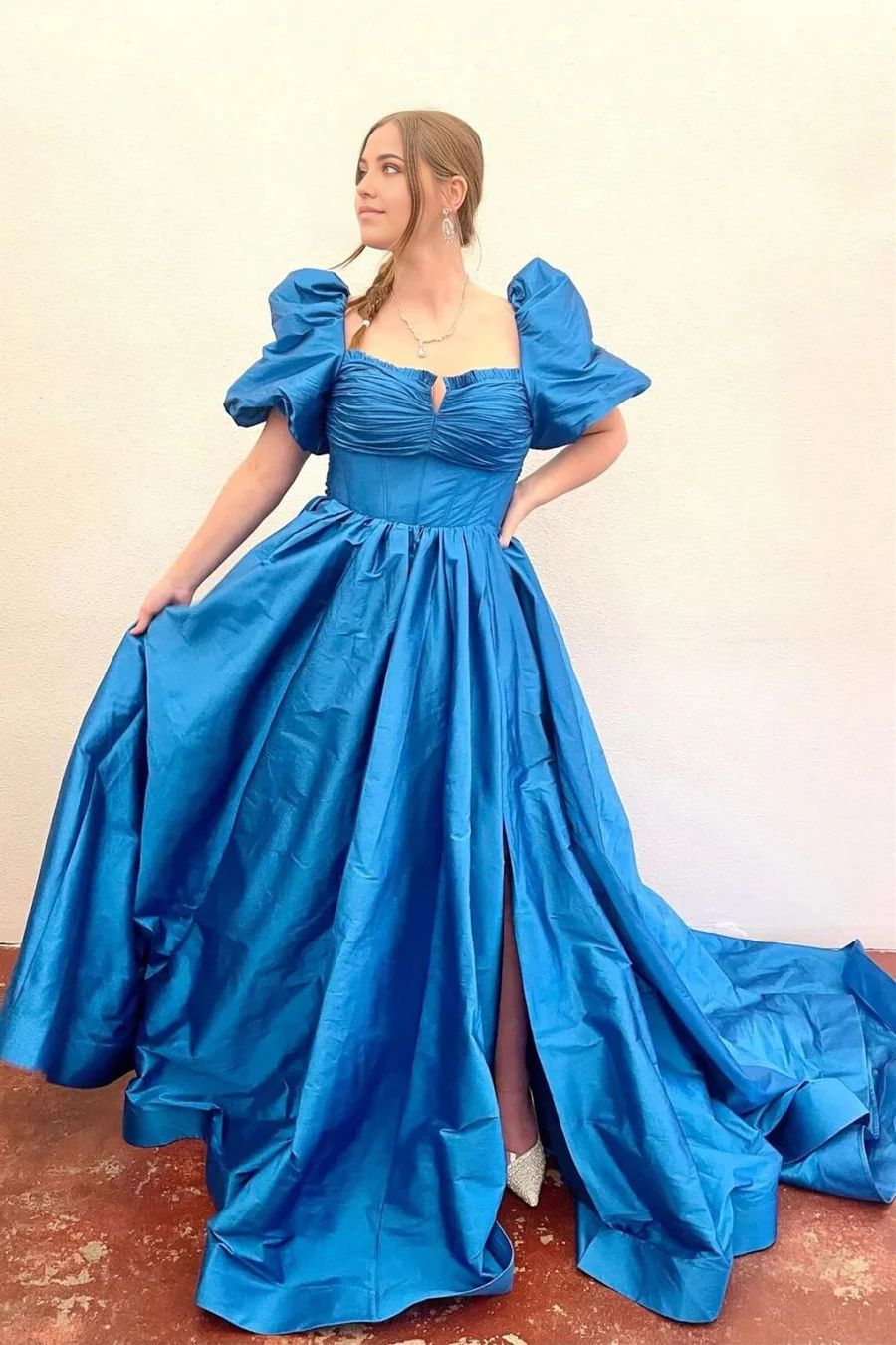 A Line Sweetheart Blue Corset Prom Dress with Bowknot