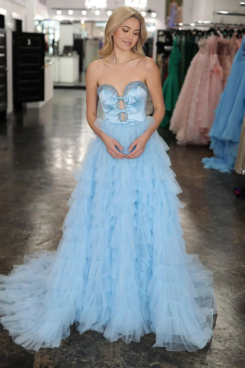 A-Line Sweetheart Ruffle Tiered Light Blue Long Prom Dress with Beading