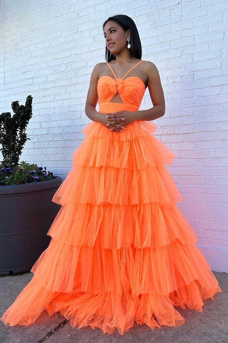A-line Cute Ball Gown Sweetheart Orange Tulle Tiered Long Prom Dress
