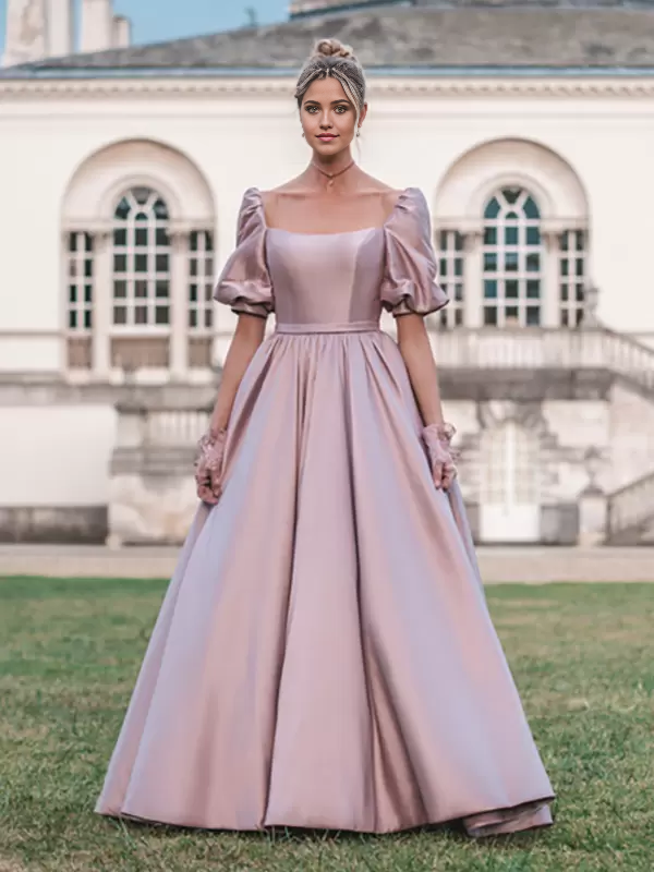 A-line Princess Square Neck Satin Floor-Length formal dress evening gown Wedding Guest Dresses Prom Dress