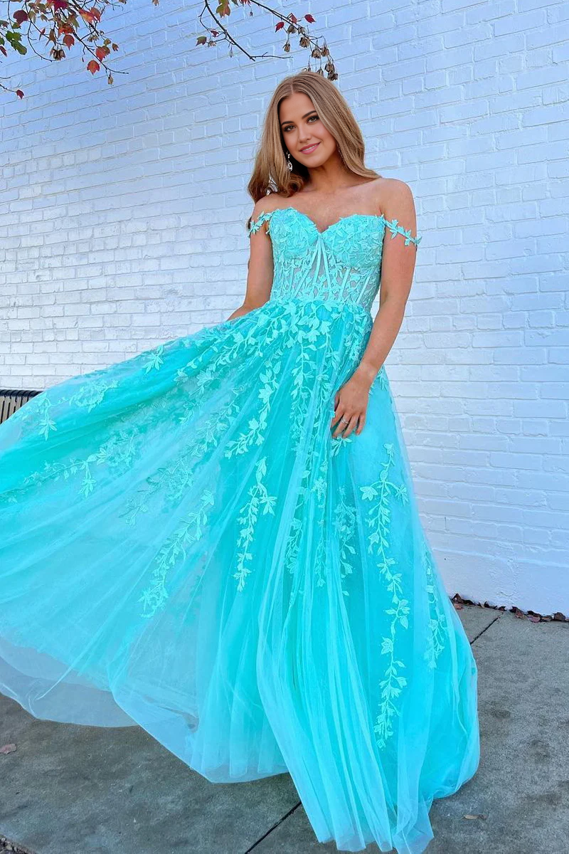 A Line Off the Shoulder Charming Teal Tulle Prom Dresses with Appliques