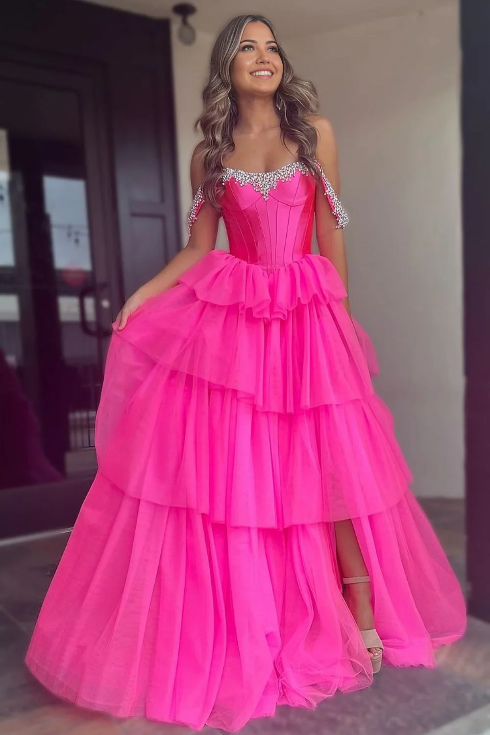 A-Line Off The Shoulder Beading Long Tulle Hot Pink formal dresses evening dress Prom Dress with Slit