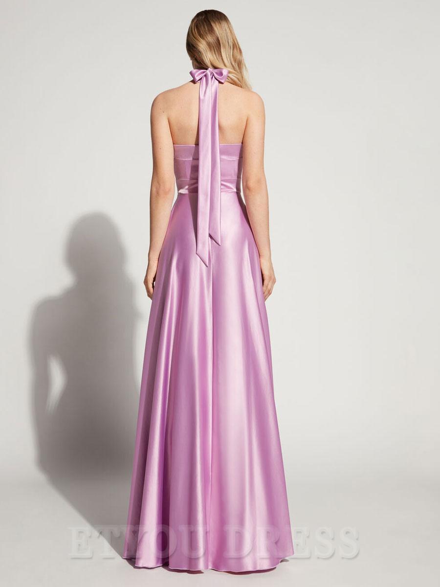 A-Line Halter Floor-Length Sleeveless Backless Satin formal dress evening gown Wedding Guest Dresses Prom Dress