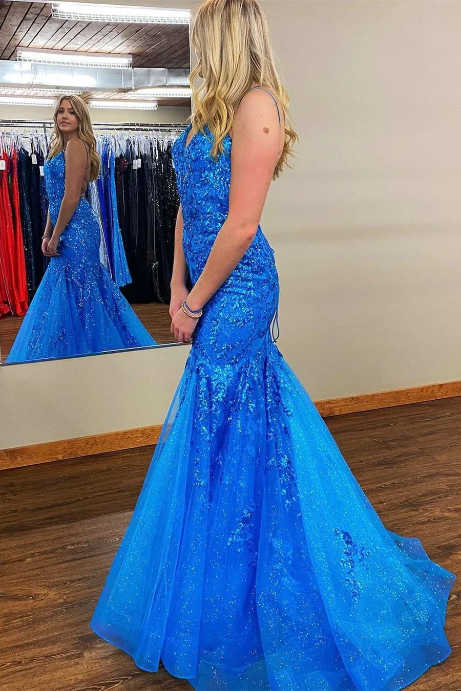 Mermaid V Neck Royal Blue Sequins formal dress Long evening gowns Prom Dresses