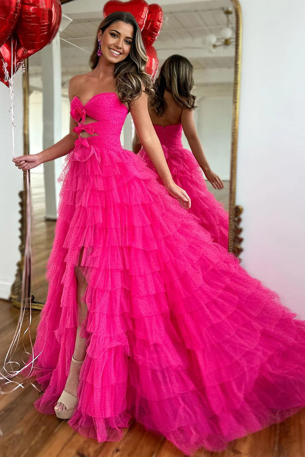 A-Line Sweetheart Bowknot Fuchsia Tulle Long Prom Dress With Slit