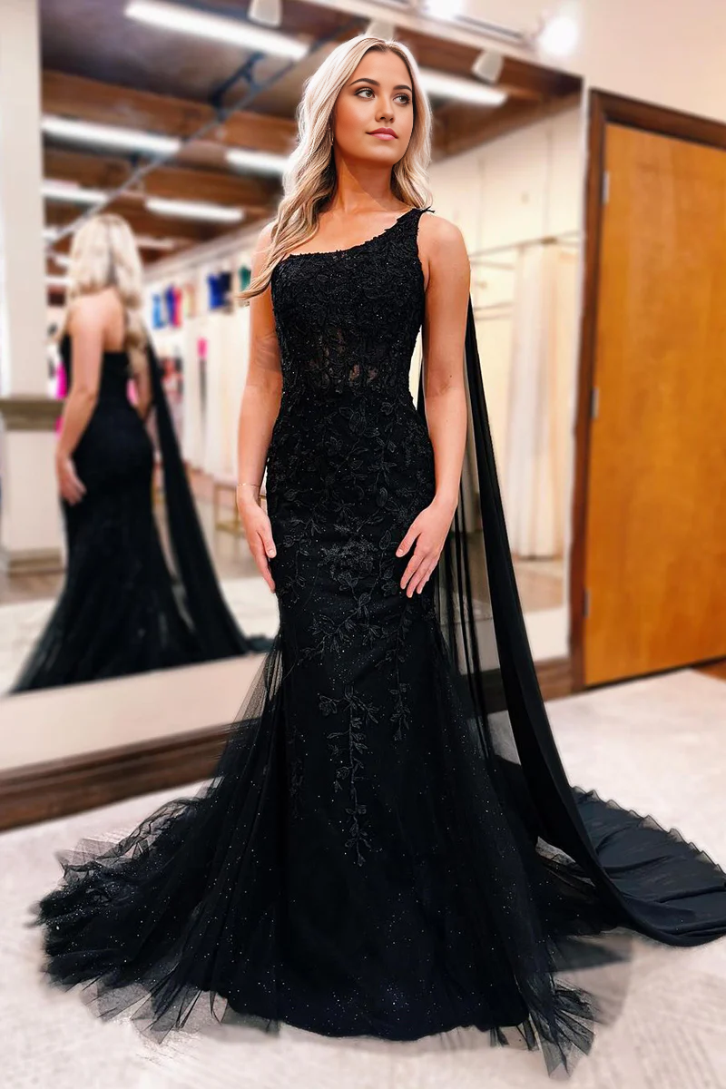 Mermaid One Shoulder Black Long Prom Dress