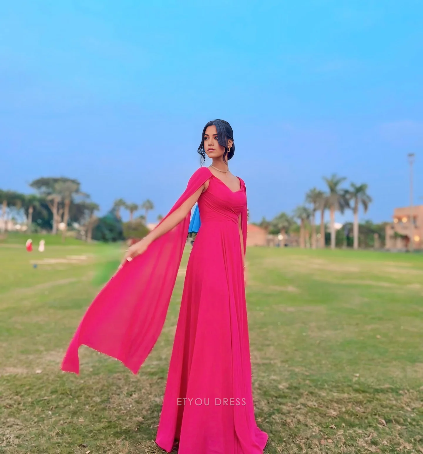 A Line V-Neck Chiffon Hot Pink formal dresses Bridesmaid Dresses evening gown Prom Dress