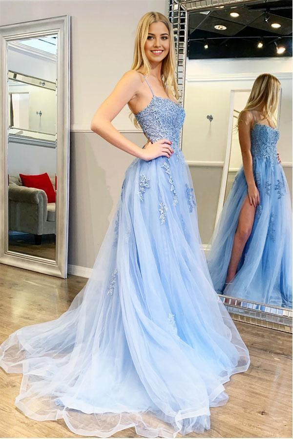 Spaghetti Straps Light Blue Long evening gown Prom Dress With Appliques