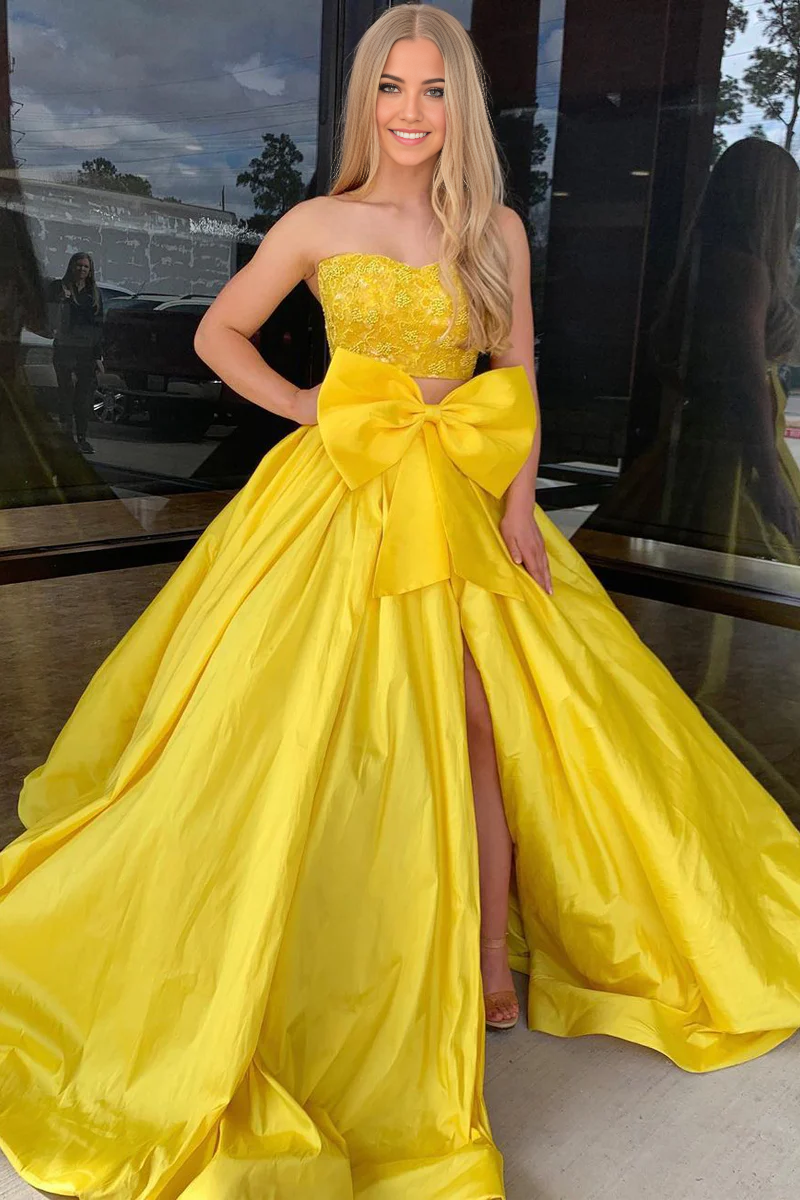 Two Piece Strapless Satin Yellow Long Prom Dresses with Bow