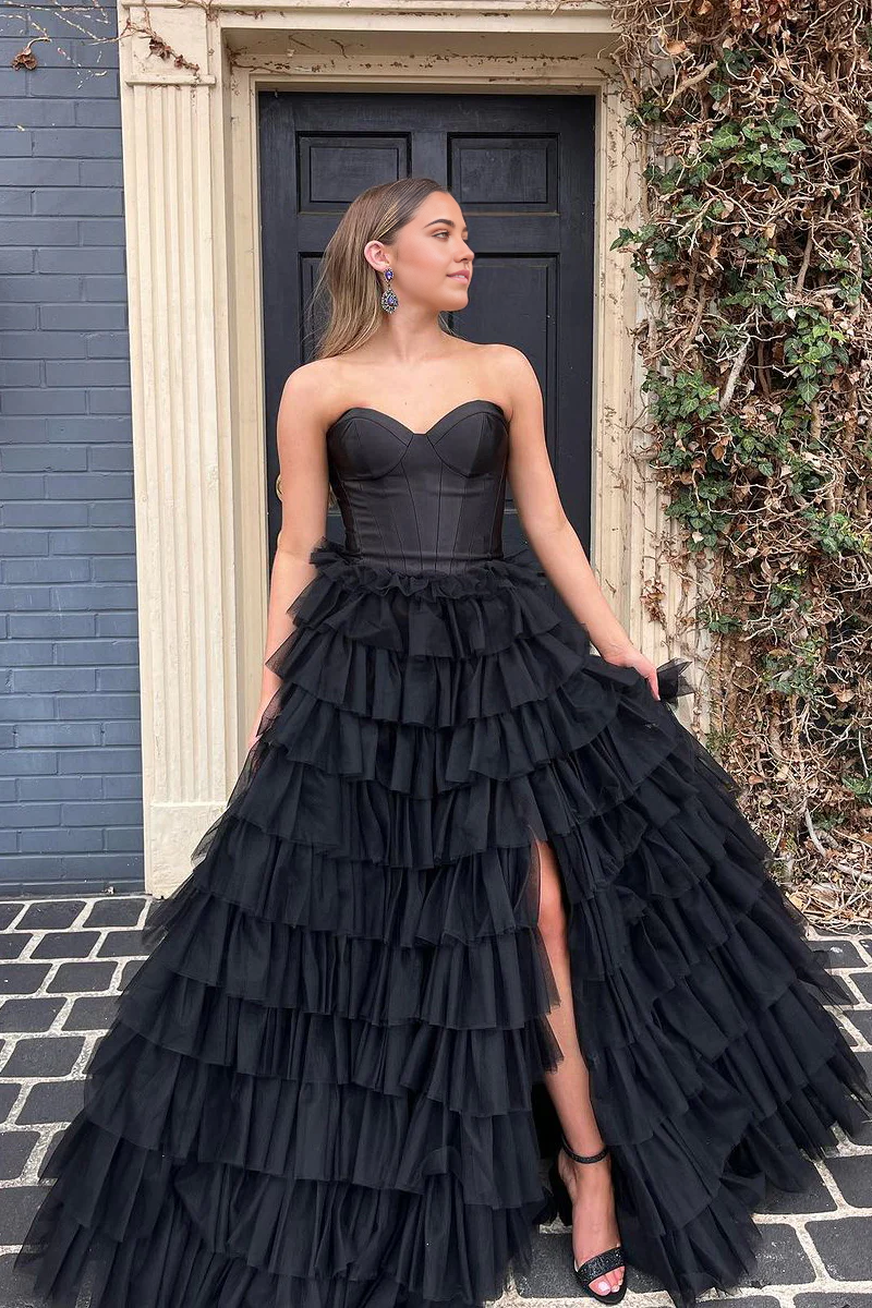 Sweetheart Black Tulle Cute Ball Gown Long Prom Dresses with Slit