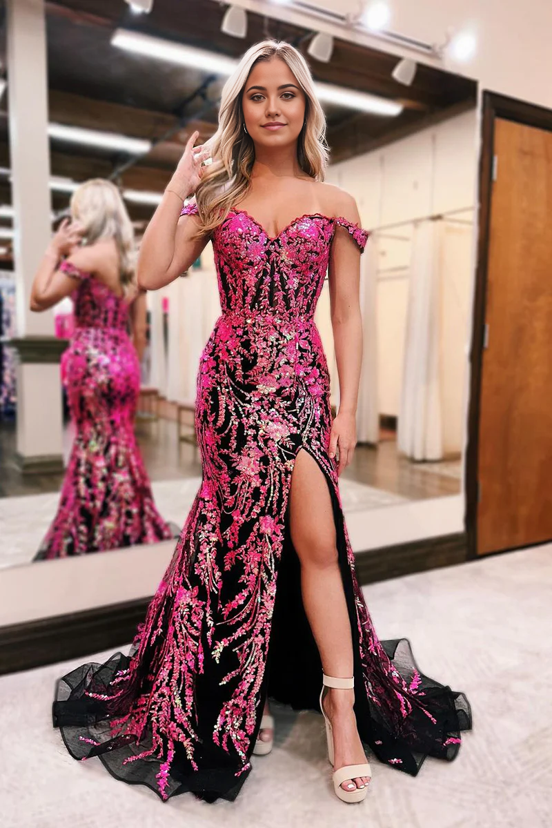 Mermaid Off the Shoulder Black Prom Dress with Fuchsia Sequins Appliques