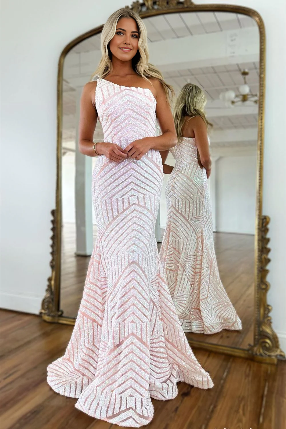 Mermaid Sparkly Sequin One Shoulder Pink Long Corset formal dresses evening dress Prom Dress