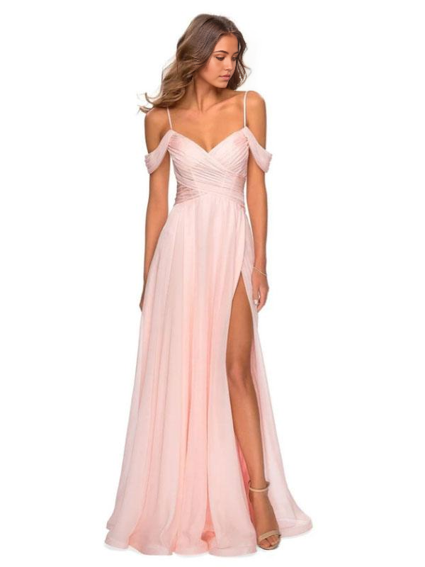 A-Line V-Neck Floor-Length Chiffon Pink formal dresses evening gown Prom Dress Bridesmaid Dresses