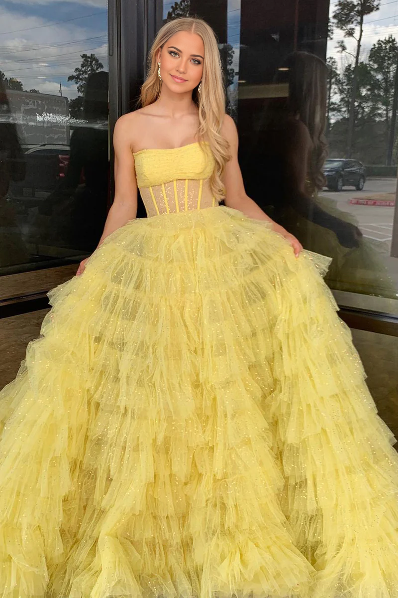 A-Line Strapless Sequins Yellow Tulle Long Prom Dresses