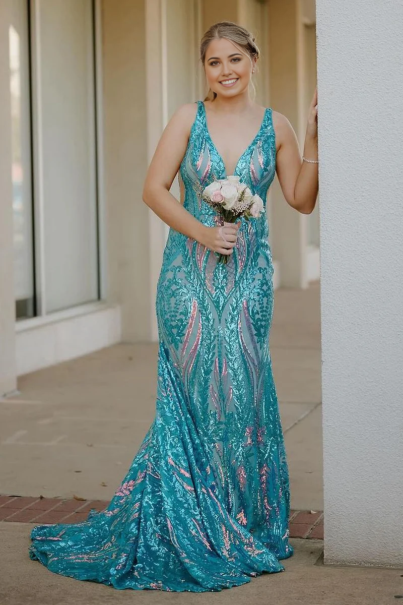 Mermaid V Neck Sequin Blue Long Prom Dress