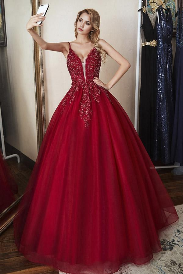A-line Elegant Straps Ball Gown Beaded Burgundy Long formal dress evening gown Prom Dress