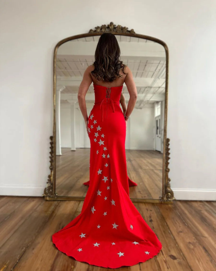 Mermaid Strapless Charming Red Satin Long Prom Dresses with Slit