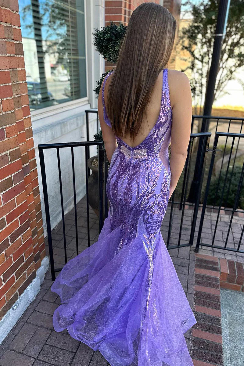 Mermaid V Neck Charming Lavender Sequins Long Prom Dresses