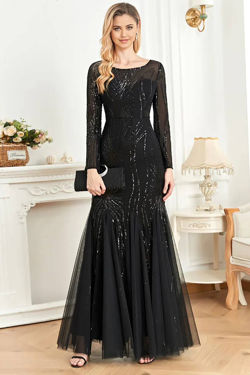 Mermaid Sequins Boat Neck Long Sleeves Mother of the Bride Dress