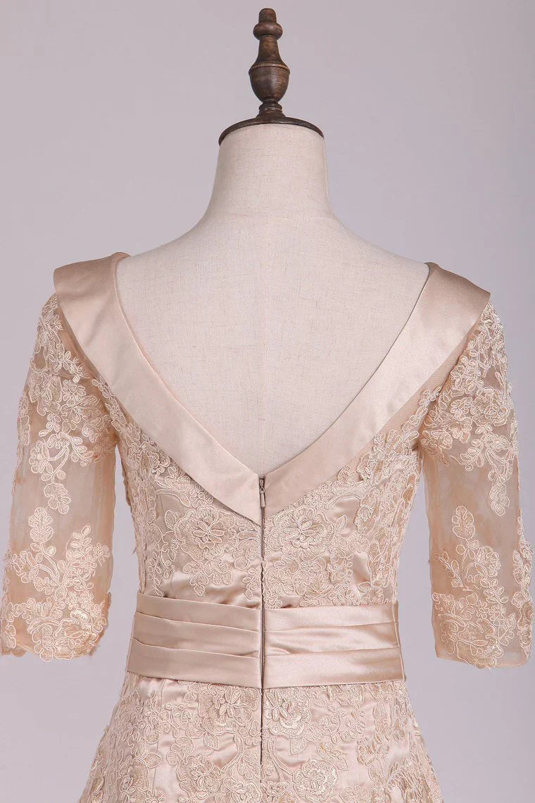 Sheath Cowl Neck Half Sleeve Satin Applique Mother Of The Bride Dresses