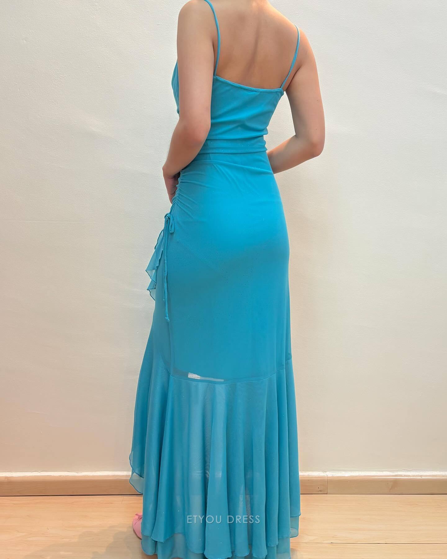 Mermaid Spaghetti Straps Vintage Blue Ruffle formal dresses Bridesmaid Dresses evening gown Prom Dress