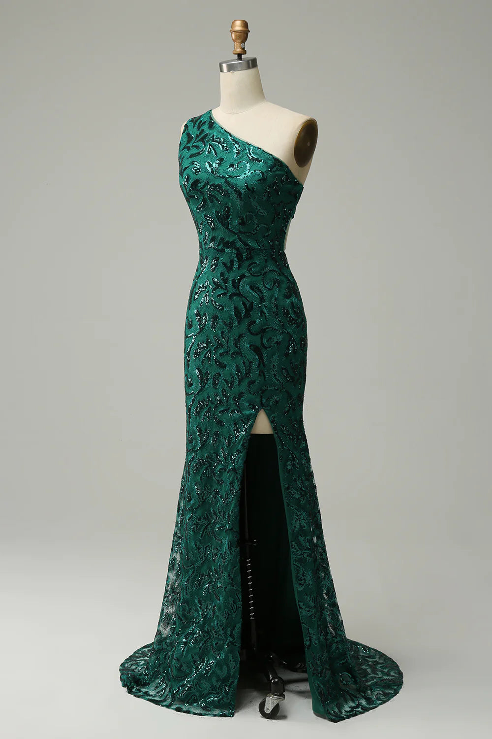 Mermaid One Shoulder Sequins Long Prom Dress with Split Front