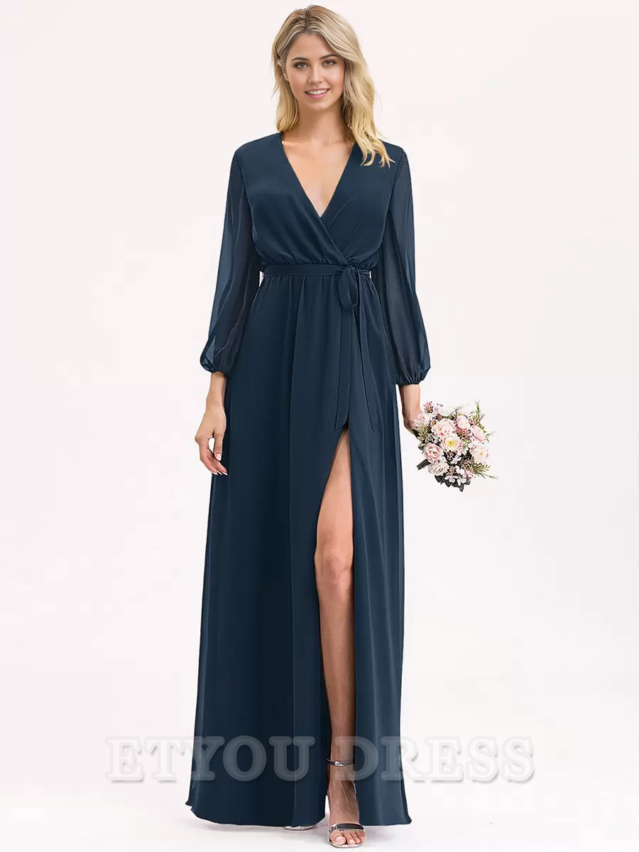 A-line V-Neck Long Sleeve Chiffon Ball Gown Floor-Length formal dresses Bridesmaid Dresses evening gown Prom Dress