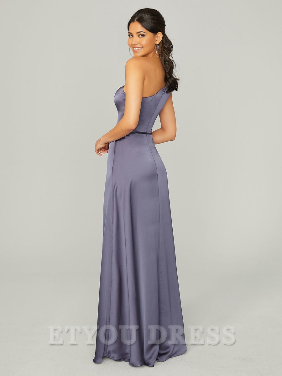 A-Line One Shoulder Floor-Length Satin formal dresses evening gown Prom Dress With Side Slit