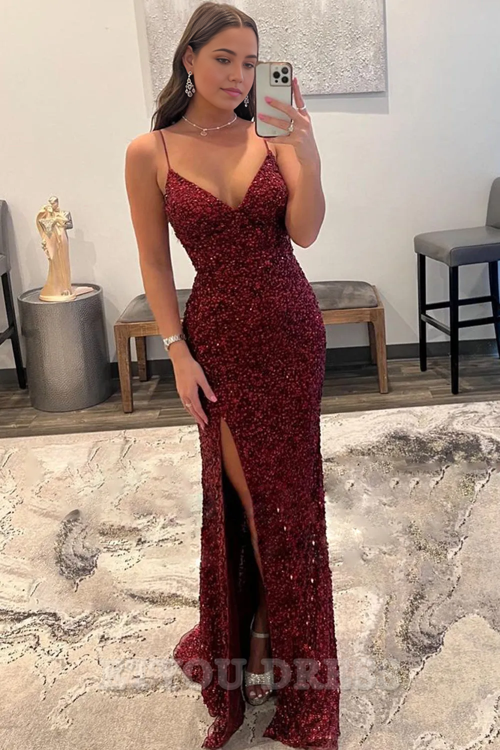 Sheath Spaghetti Straps Sequins Dark Red Long formal dresses evening gown Prom Dress Homecoming Dress with Split Front