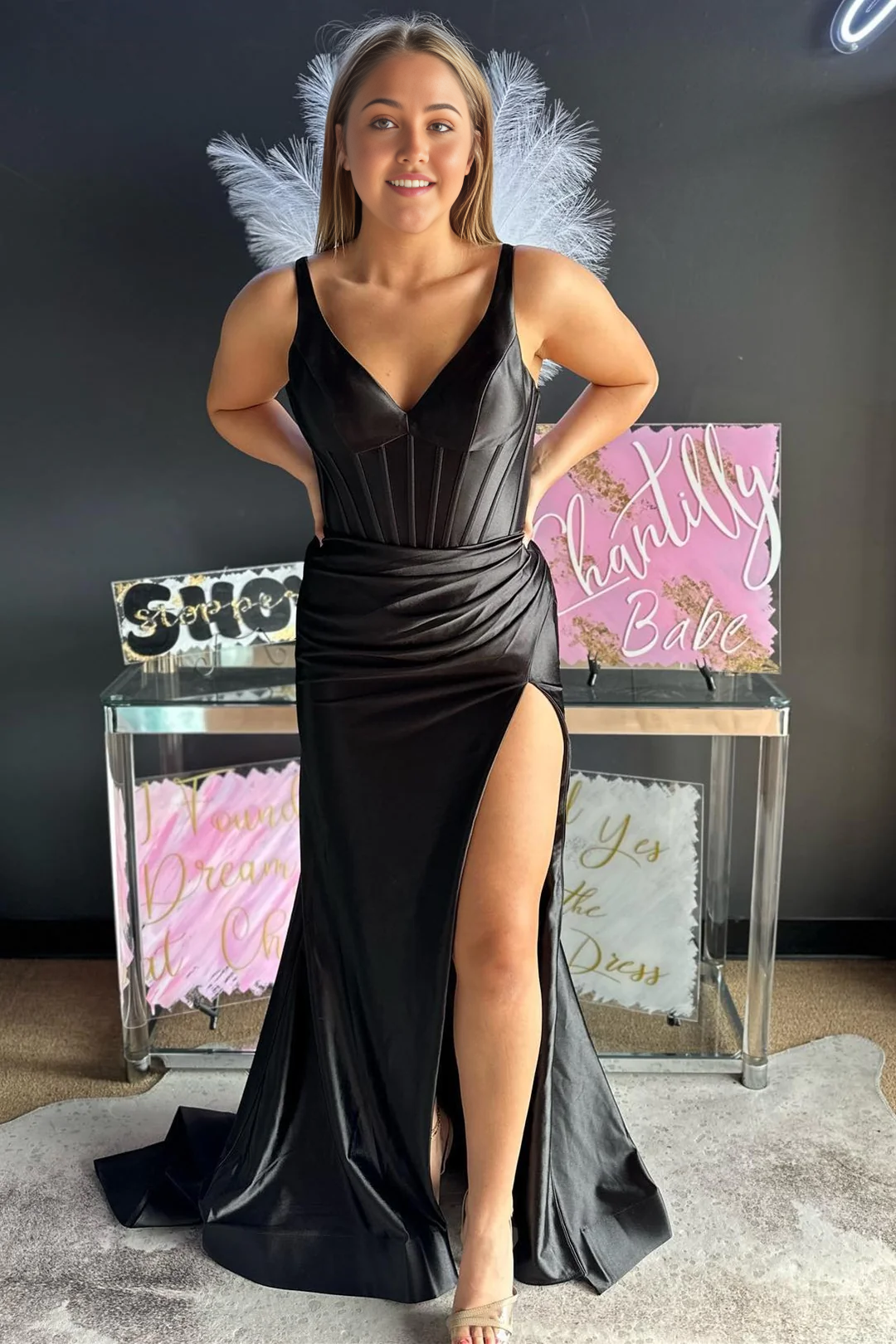 Mermaid V-Neck Ruched Pink Long formal dresses evening gown Prom Dress with Slit