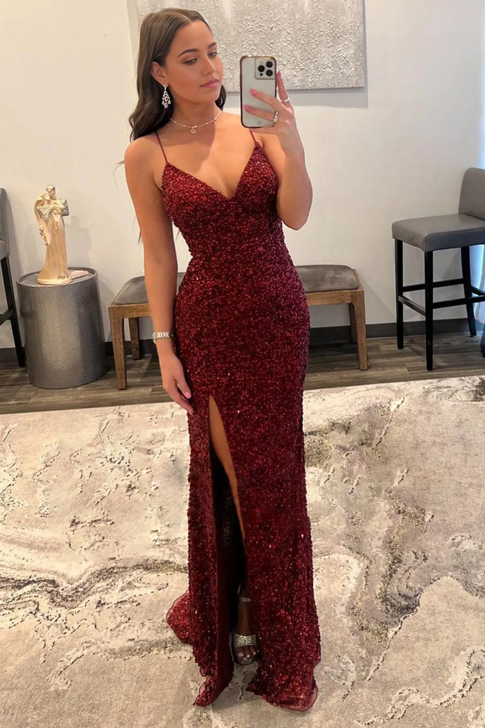Sheath Spaghetti Straps Sequins Dark Red Long formal dresses evening gown Prom Dress Homecoming Dress with Split Front