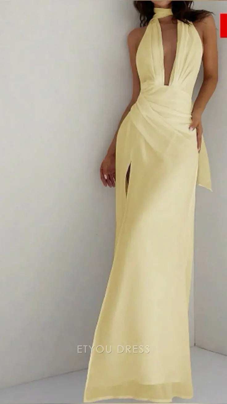 Mermaid Deep V Neck Yellow Slit formal dresses Bridesmaid Dresses evening gown Prom Dress