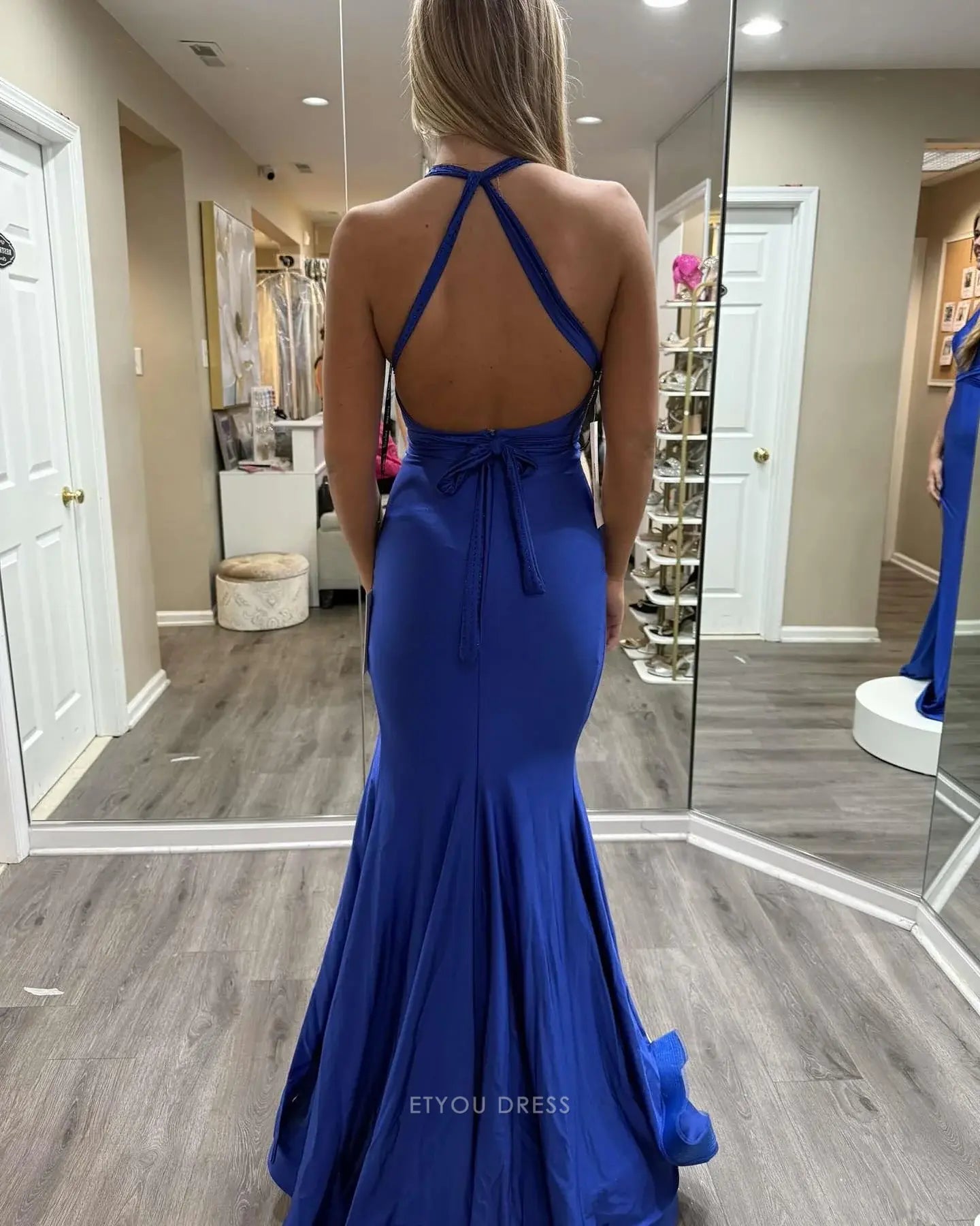 Mermaid V Neck Blue formal dresses Bridesmaid Dresses evening gown Prom Dress With Split