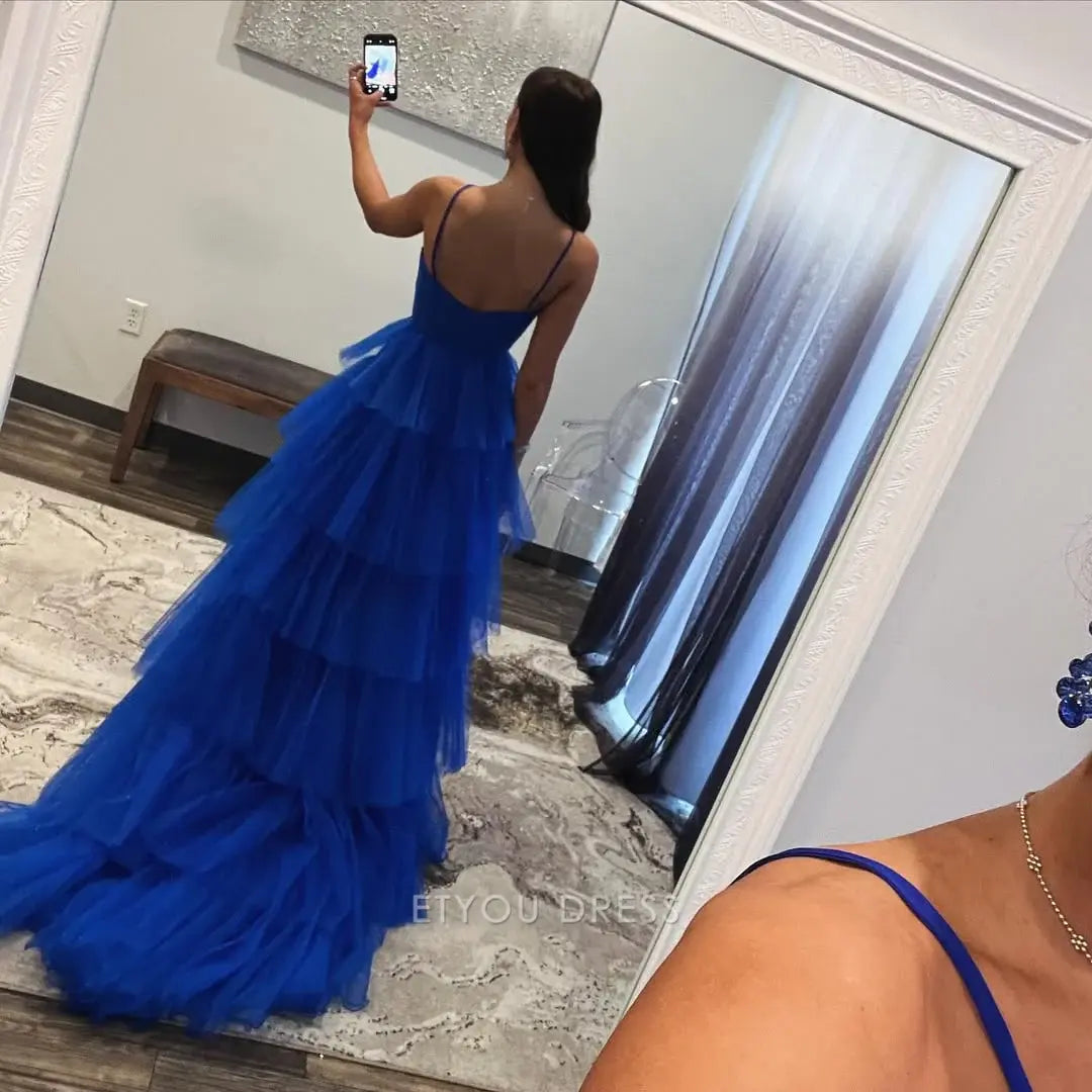 A Line Spaghetti Straps Tiered Royal Blue Long formal dresses Bridesmaid Dresses evening gown Prom Dress