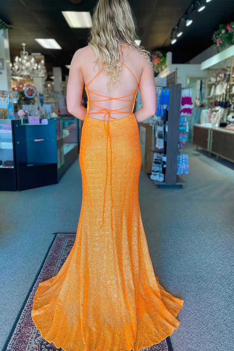 Mermaid V Neck Sequins Orange Long Prom Dress