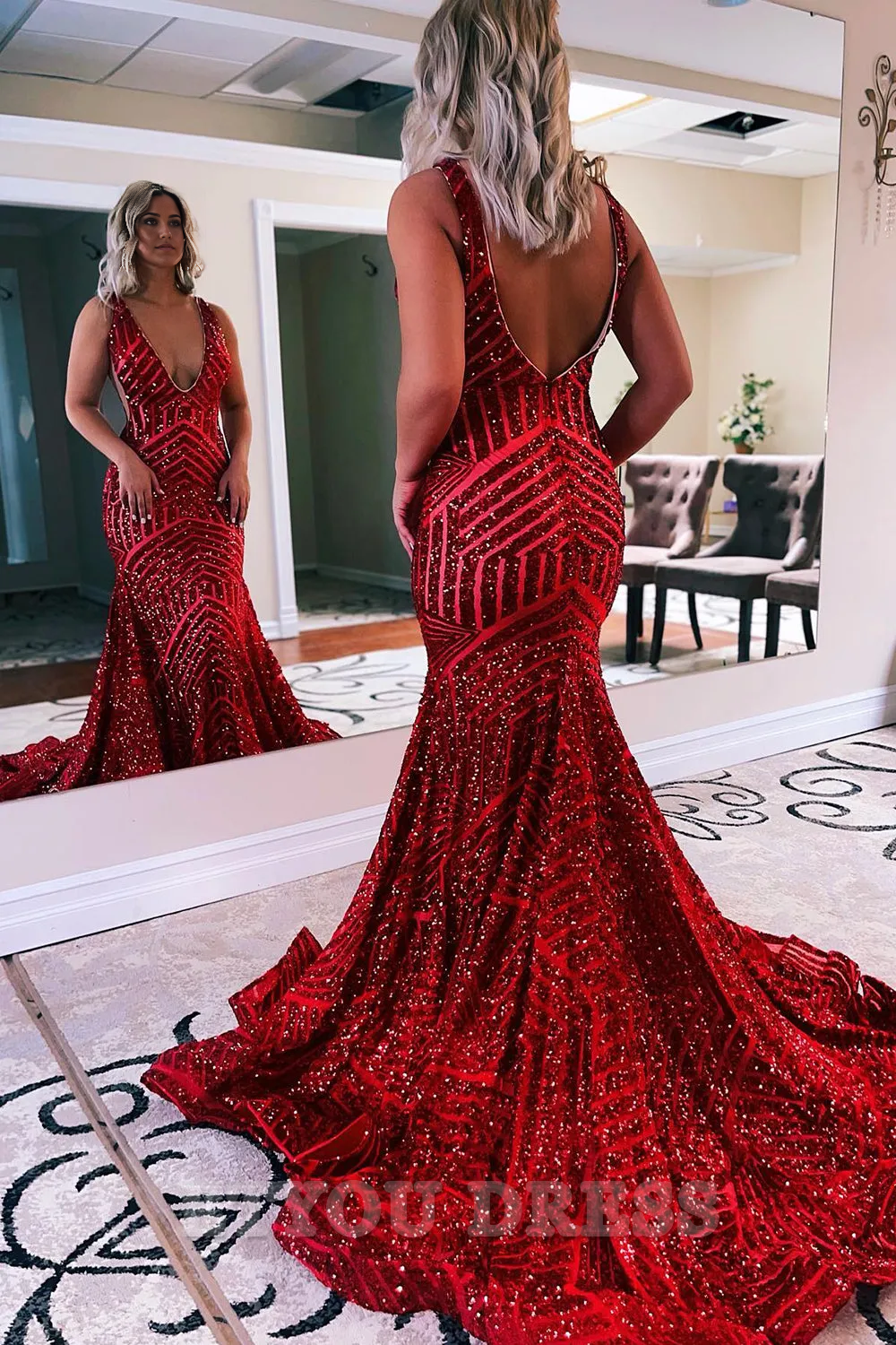 Mermaid Deep V Neck Open Back Orange Sequins Long formal dresses evening gown Prom Dress Homecoming Dress