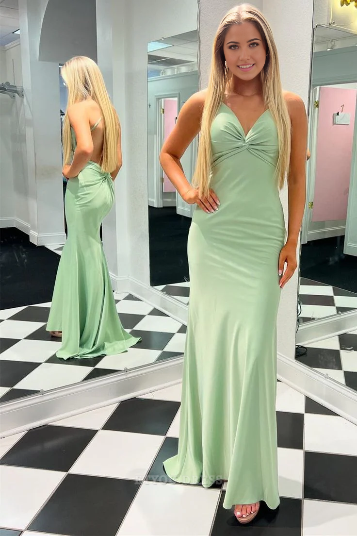 Mermaid V-Neck Satin Green Long formal dresses Bridesmaid Dresses evening gown Prom Dress