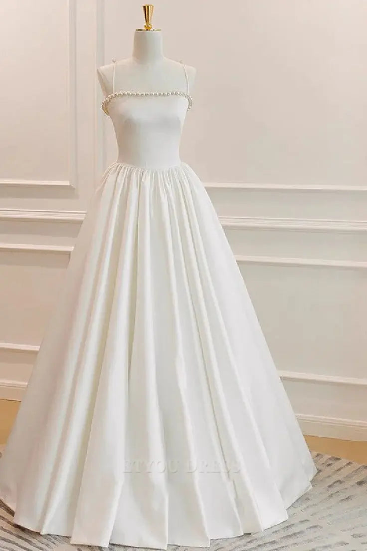 A Line Elegant Spaghetti Straps White formal dresses Bridesmaid Dresses evening gown Prom Dress