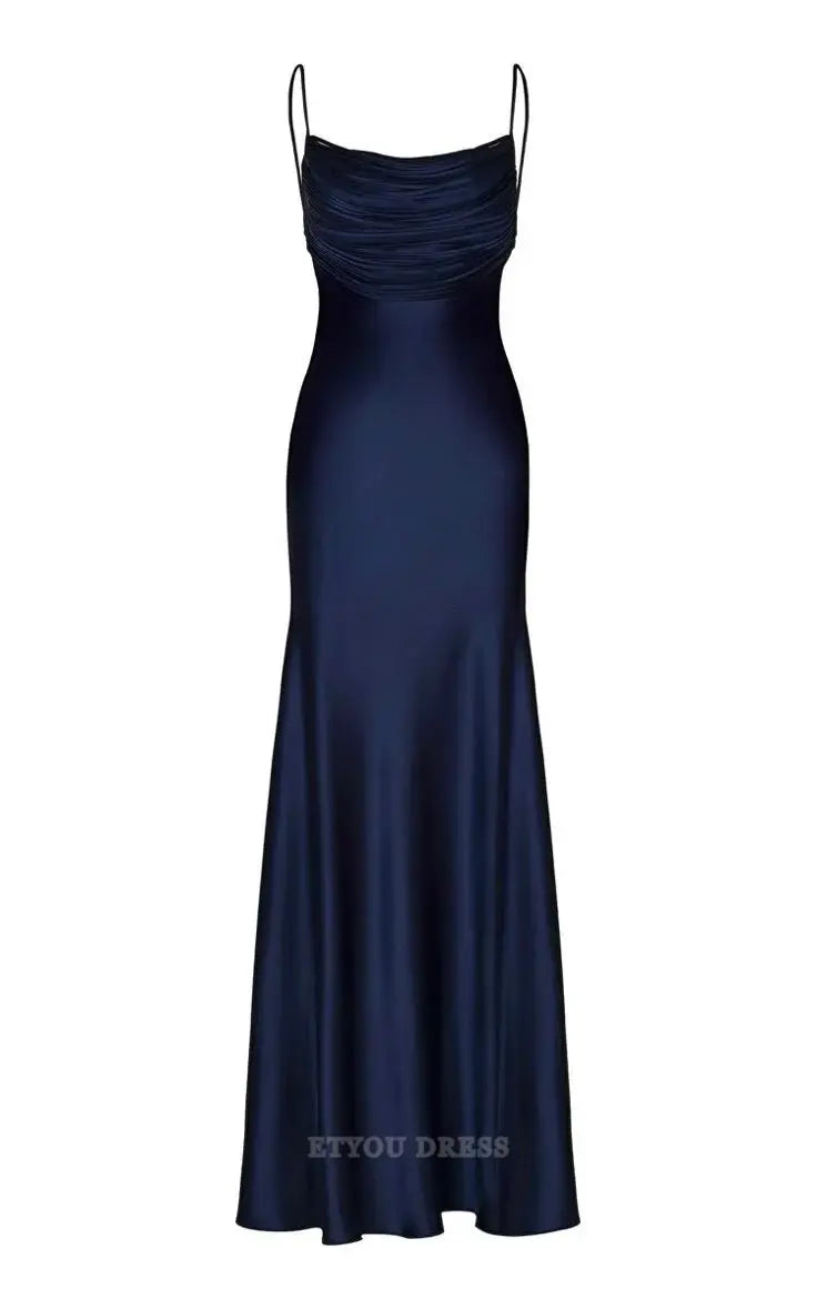 Mermaid Spaghetti Straps Navy Blue Satin formal dresses Bridesmaid Dresses evening gown Prom Dress