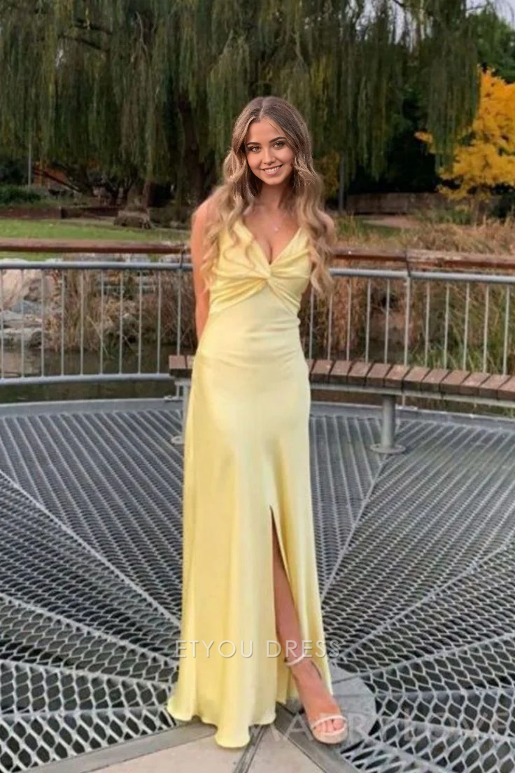 Sheath V-Neck Straps Satin Yellow Long formal dresses Bridesmaid Dresses evening gown Prom Dress with Slit